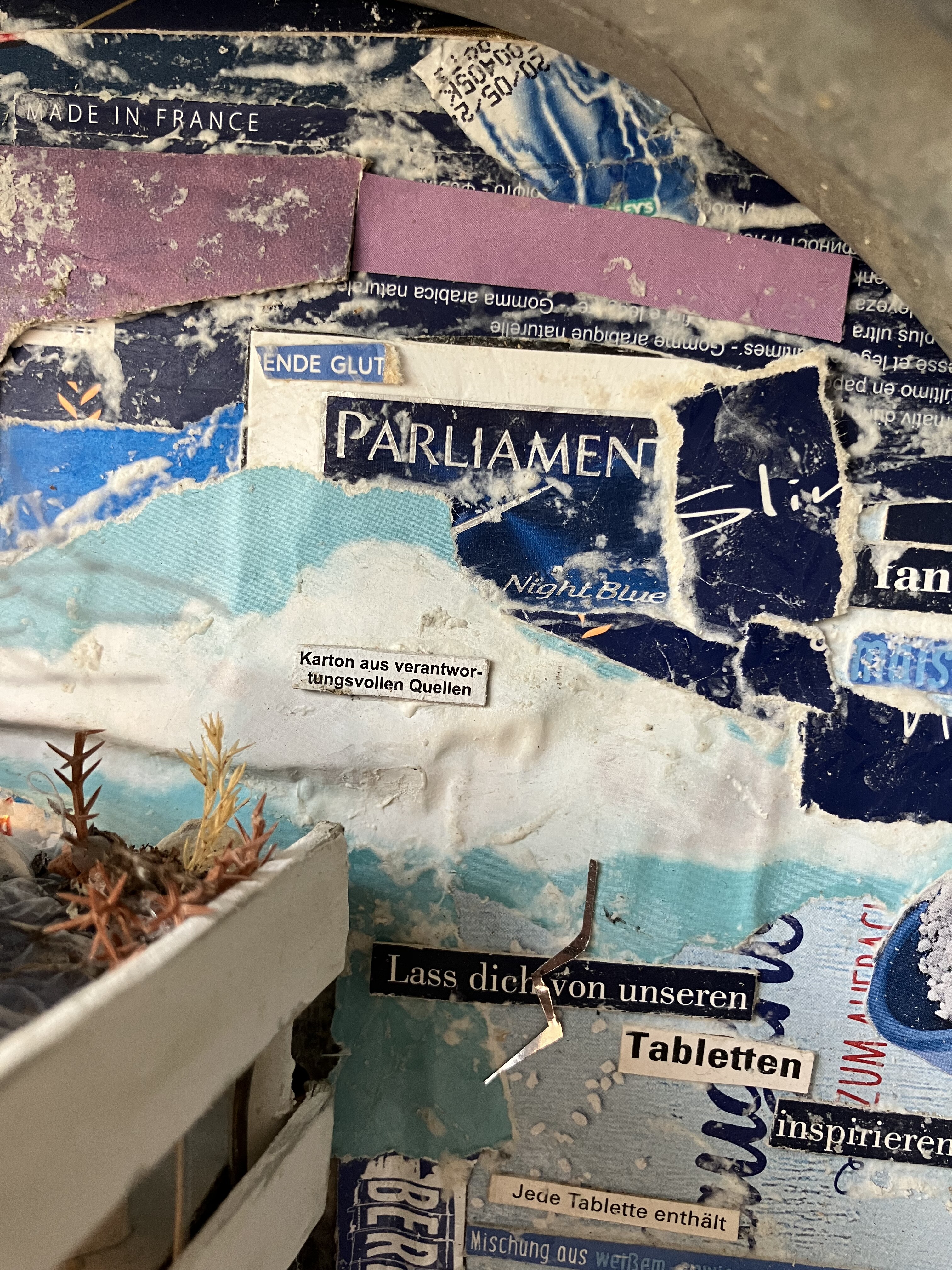 Collaged rooftop background with hidden words