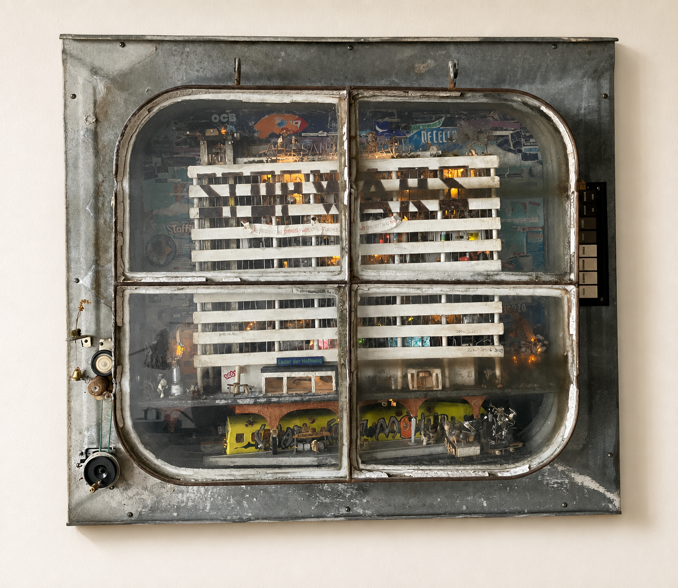 The complete STOP WARS miniature of Haus der Statistik hanging on a wall